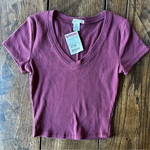 NWT Bozzolo Women's Ribbed V Neck Crop Top Plummy Purple